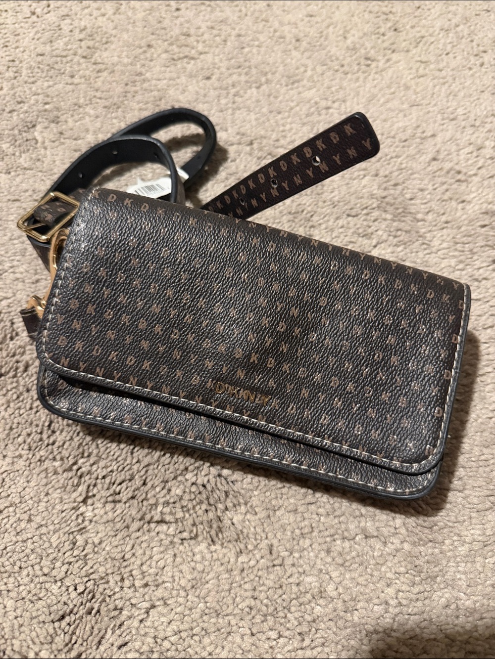 DKNY Brown Monogram Crossbody Phone Wallet with Gold Accents